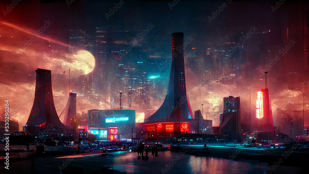SciFi Futuristic Cyberpunk Neon City Street Panoramic Scenic Art