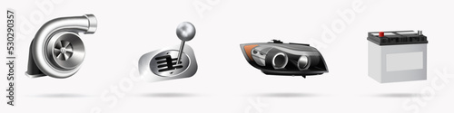 Vector illustration, car parts icons set, realistic 3d