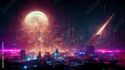 Sci-Fi Futuristic Cyberpunk Metropolis Skyline Panoramic Scenic Art Illustration. Science Fiction Future Cyber Punk City Background. CG Digital Painting AI Neural Network Generated Art Wide Wallpaper