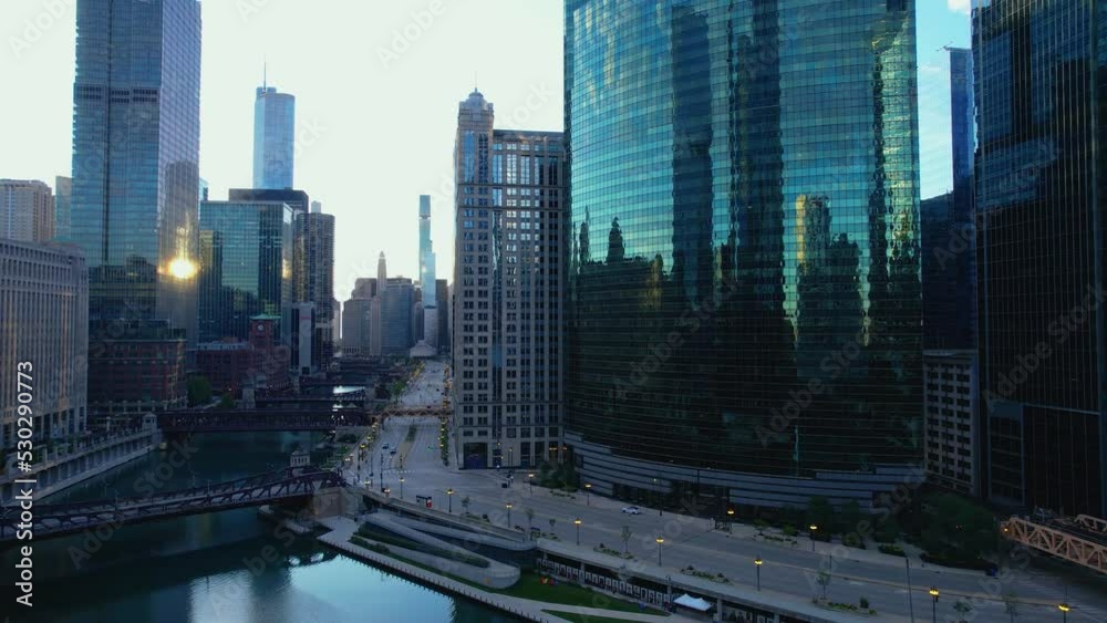 Sunrise Over Downtown Chicago City Highrise Drone Sunrise Over Downtown Chicago City Highrise Drone