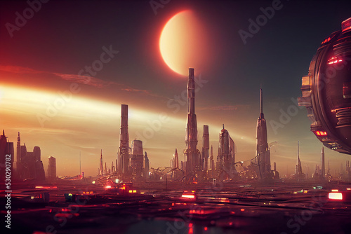 Futuristic High Technologic Metropolis Skyline on Red Alien Planet Art Illustration. Extraterrestrial Civilization World Scenery 3D Background. AI Neural Network Generated Art Fantastic Wallpaper