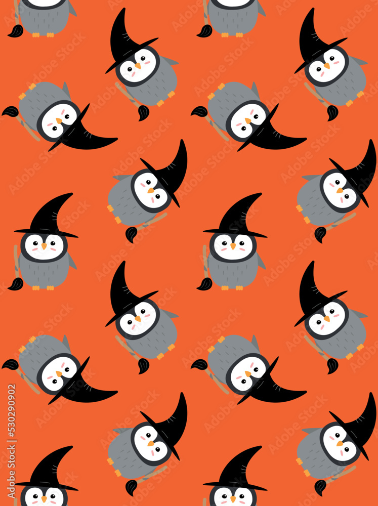 Vector seamless pattern of flat hand drawn Halloween penguin with witch hat and broom isolated on orange background Vector seamless pattern of flat hand drawn Halloween penguin with witch hat and broom isolated on orange background