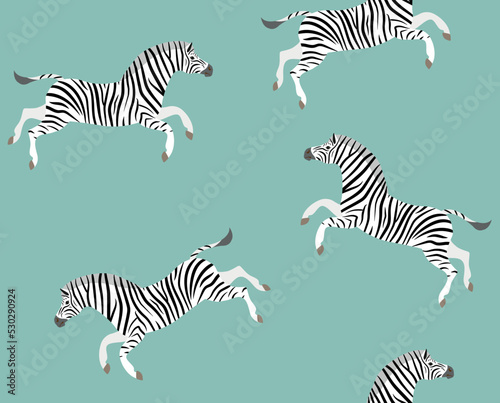 Vector seamless pattern of flat hand drawn jumping zebra isolated on mint background