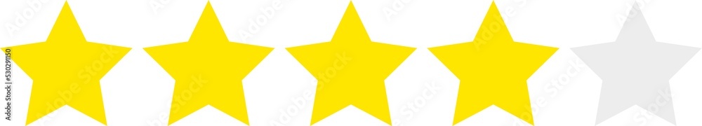 Four yellow, one gray stars in a row, 0-5 rating, review system. Isolated png illustration, transparent background. Asset for overlay, pattern, montage, collage. Business, customer feedback concept. Four yellow, one gray stars in a row, 0-5 rating, review system. Isolated png illustration, transparent background. Asset for overlay, pattern, montage, collage. Business, customer feedback concept.
