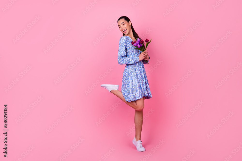 Full size body photo of young lovely attractive woman hold bunch tulips happy want more isolated on pink color background Full size body photo of young lovely attractive woman hold bunch tulips happy want more isolated on pink color background