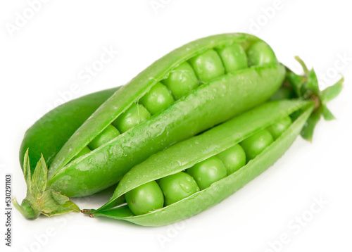 Fresh green peas with beans isolated on white background. Horizontal subassembly with clipping path