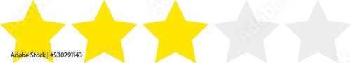 Three yellow, two gray stars in a row, 0-5 rating, review system. Isolated png illustration, transparent background. Asset for overlay, pattern, montage, collage. Business, customer feedback concept.