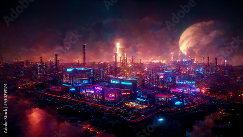 Cyber Punk Industrial Neon Night City Aerial Panoramic View Art Illustration. Sci-Fi Cyberpunk Metropolis Abstract Background. CG Digital Painting AI Neural Network Generated Art Fantastic Wallpaper