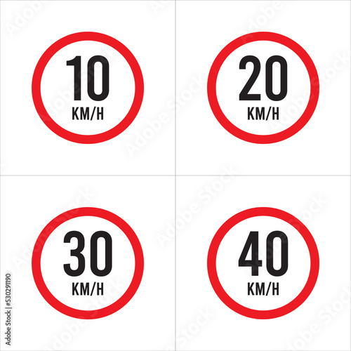 Isolated Road Maximum Speed limit sign 10 kmh, 20, 30, 40 Kmh, sign icon on white background vector illustration. photo