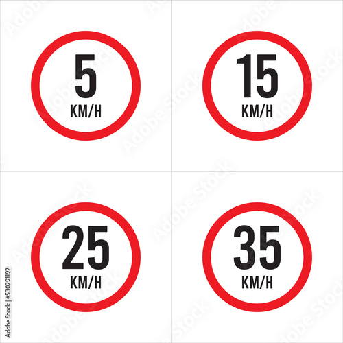 Isolated Road Maximum Speed limit sign 5 kmh, 15, 25, 35 Kmh, sign icon on white background vector illustration.