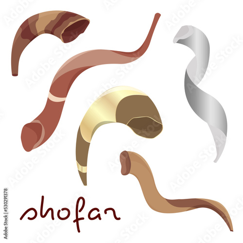 Shofar horns. Yom Kippur holiday. Shofar of different shapes and colors.  photo