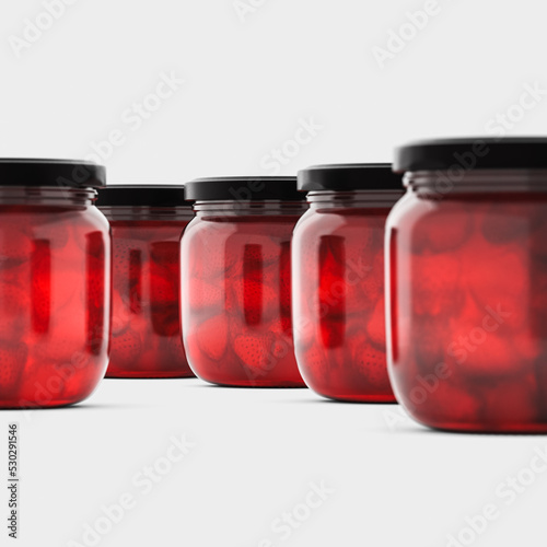 3d Render, template. Strawberry jam glass jar mock up. 3d illustration, package.