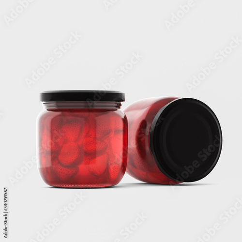 3d Render, template. Strawberry jam glass jar mock up. 3d illustration, package.