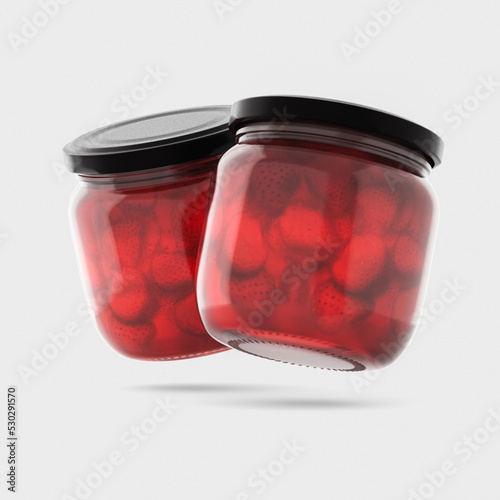 3d Render, template. Strawberry jam glass jar mock up. 3d illustration, package.