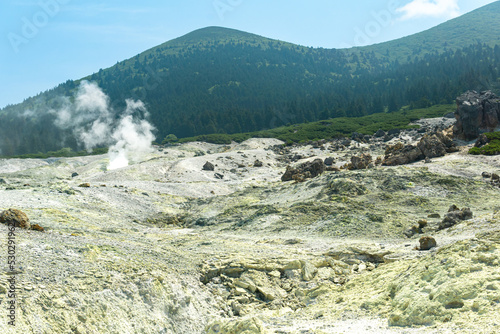 Fotografie fumarole field on the slope of Mendeleev volcano, Kunashir island
