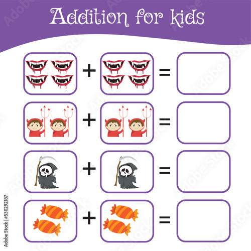 Mathematic worksheet for preschool children. Educational counting game with Halloween theme. This worksheet is suitable for educating the early age children on how to count well. Fun activity for kids
