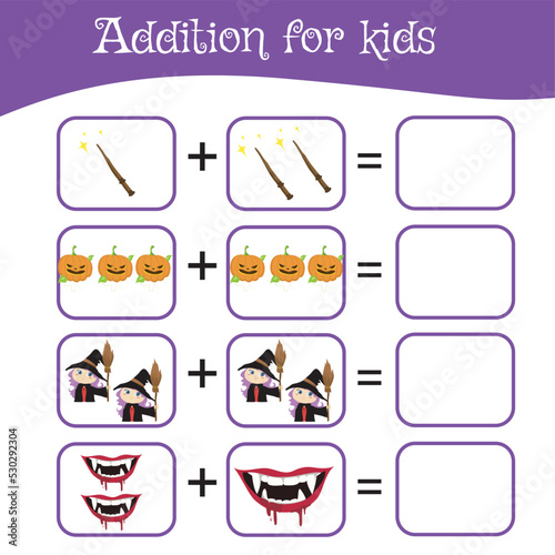 Mathematic worksheet for preschool children. Educational counting game with Halloween theme. This worksheet is suitable for educating the early age children on how to count well. Fun activity for kids