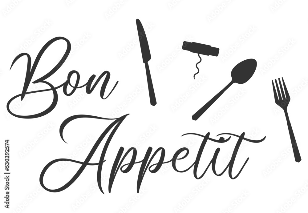 Fototapeta premium Bon appetit writing with fork and knife. Cutlery fork and spoon with plants. vector sketch. hand drawing isolated