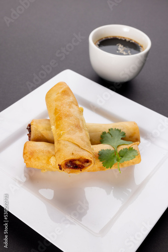 Close up of asian spring rolls on white plate and soy sauce on grey background
