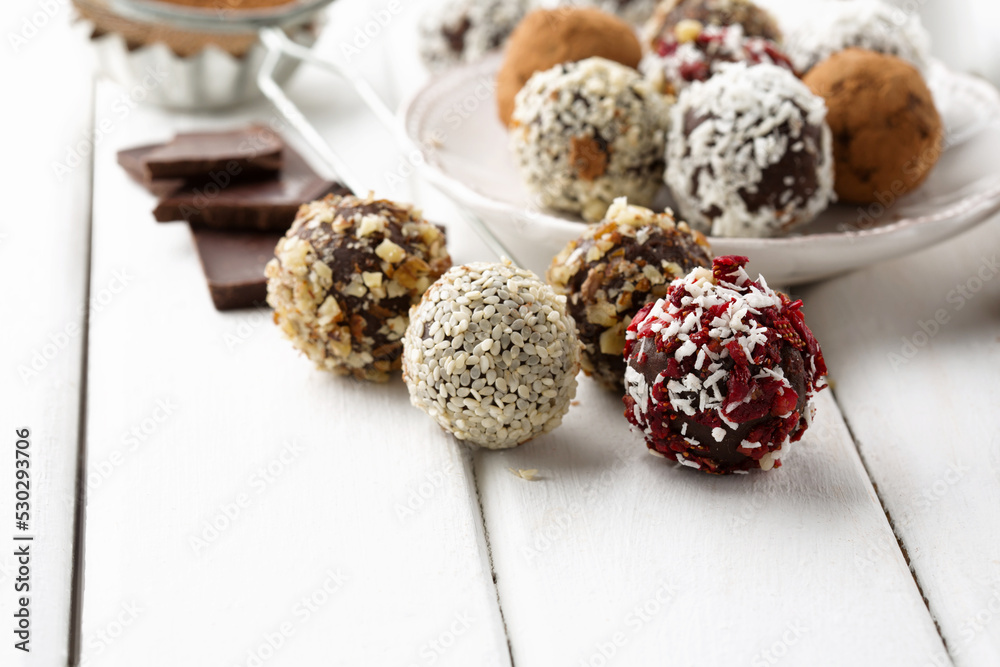 Homemade sugar free Chocolate Candy Balls with Cocoa Powder and Nuts