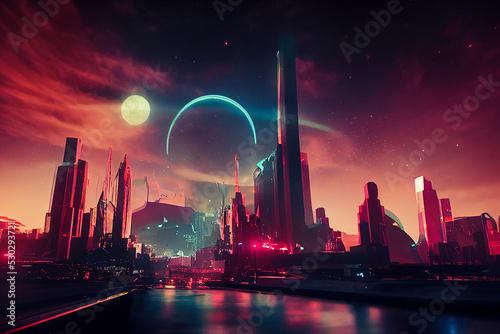 Cyberpunk City landscape with a sunset, Ai Generated Cyberpunk Wallpaper/ Background, Stock Illustration