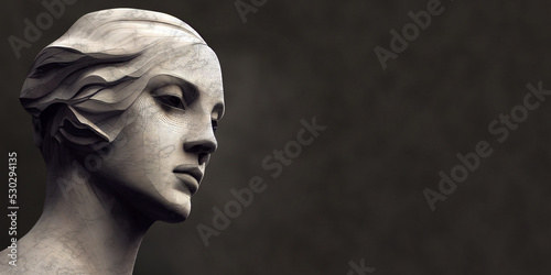 Greek marble sculpture. Illustration of a sculpture in the Hellenistic style with a woman's face. Close-up of a sculpted face.