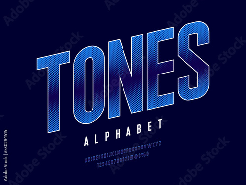 halftone styled alphabet design with uppercase, numbers and symbols