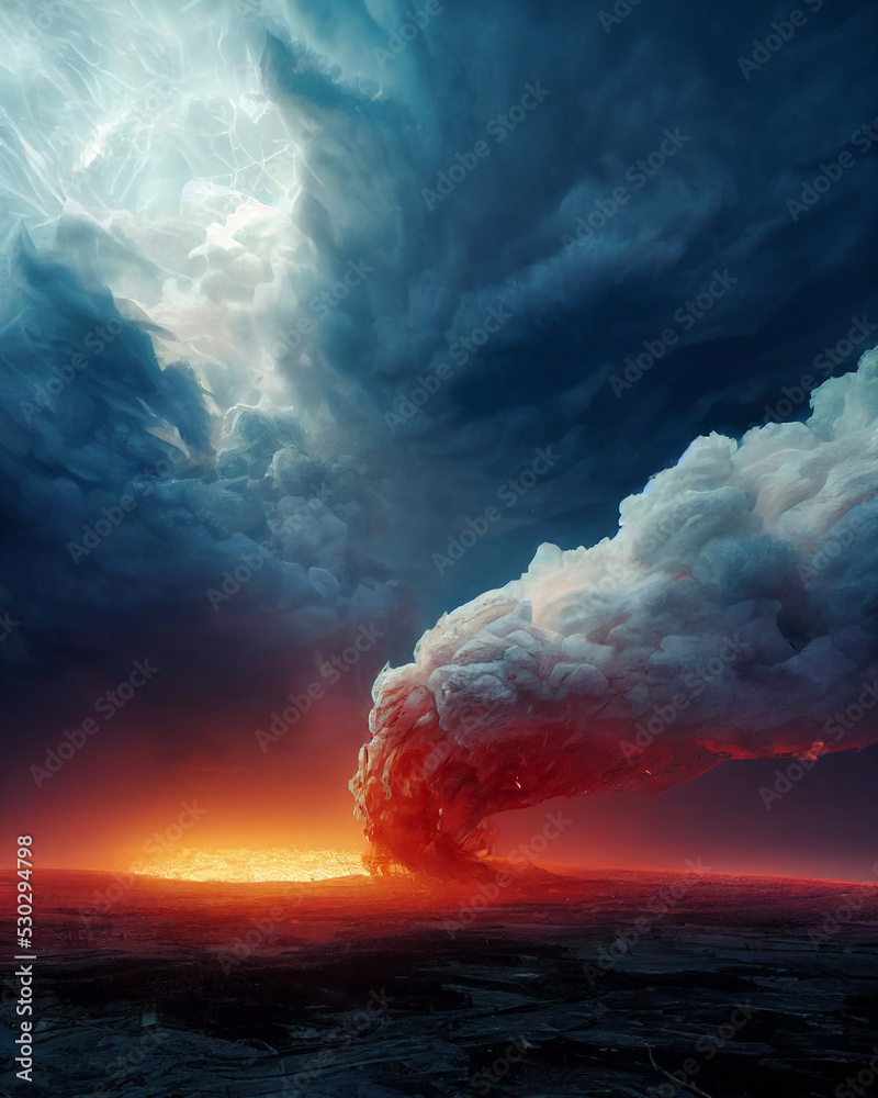 Volcanic Eruption Apocalyptic Epic Scene Art Illustration. Armageddon