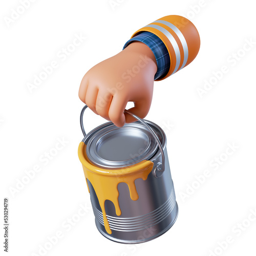 Fototapeta Naklejka Na Ścianę i Meble -  3d render, cartoon caucasian human hand holds paint can. Professional painter with equipment. Construction icon. Renovation service clip art isolated on transparent background