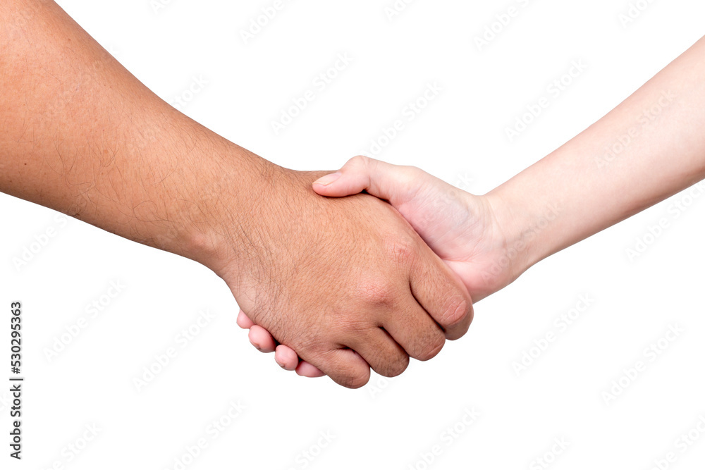 A man and woman shaking hands in agreement, with clasped hands. A man and woman shaking hands in agreement, with clasped hands.