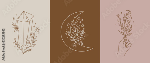 Set of 3 mystical posters in trendy bohemian feminine style. Celestial floral moon, crystals and hand. Esoteric vector line art.