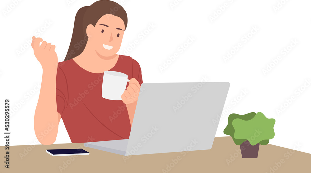 Cartoon daily life people female character woman holding a cup and looking at laptop Cartoon daily life people female character woman holding a cup and looking at laptop