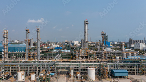 Aerial view chemical plant process area petroleum petorchemical product, Chemical industry plant in refinery with pipes and machine, Petrochemical industrial plant.