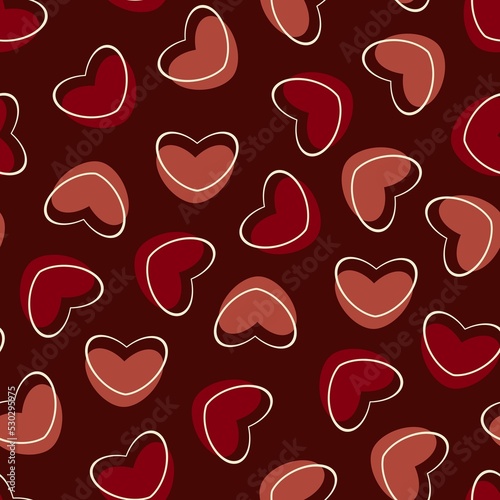 Heart seamless pattern. Romantic background in dark red colors. Red and pink falling hearts with white outline.