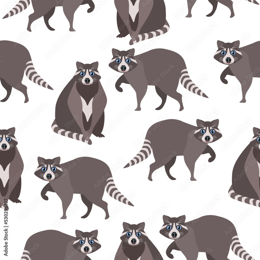 Seamless pattern of an animal raccoon standing and sitting on a white background.Vector pattern can be used in children's textiles, packages, postcards.
