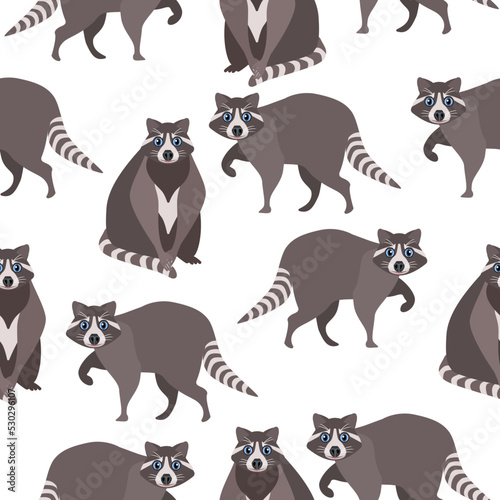 Seamless pattern of an animal raccoon standing and sitting on a white background.Vector pattern can be used in children s textiles  packages  postcards.