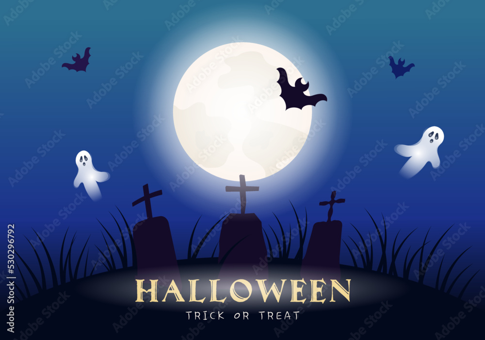Halloween greeting card with moon, bat, graves and ghosts on cemetery. Halloween background. Vector illustration.