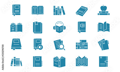 Book and literature icon pack in glyph style. Suitable for design element of education app, ebook, and audiobook learning literature program symbol.