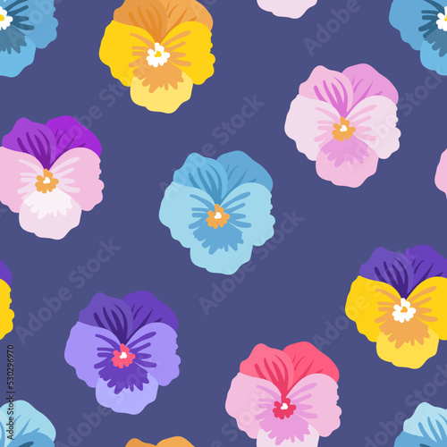 Colorful pansy flower, violet, viola vector seamless pattern. Blue, yellow, purple plants texture. Botanical design for fashion, fabric, web, wallpaper
