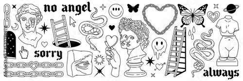 Tattoo art 1990s, 2000s. Y2k stickers. Butterfly, barbed wire, fire, flame, chain, heart and other elements in trendy psychedelic style. Vector hand drawn tattoo print. Black and white colors.