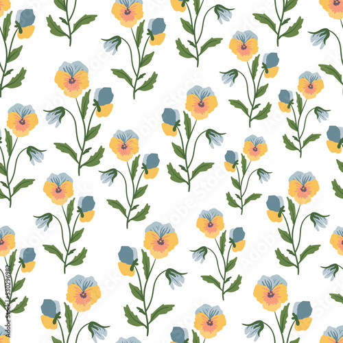 Colorful pansy flower, violet, viola vector seamless pattern. Blue, yellow, purple plants texture. Botanical design for fashion, fabric, web, wallpaper