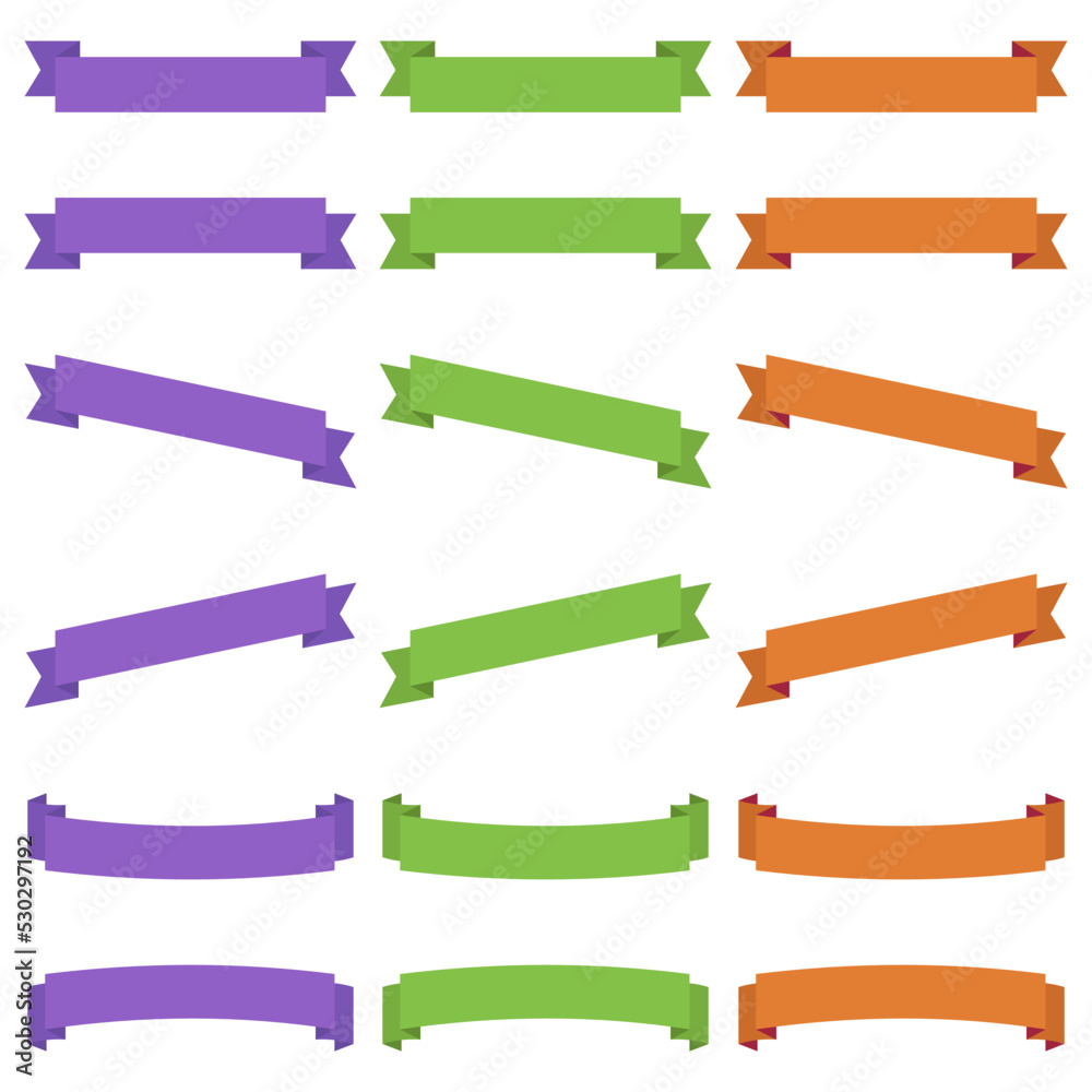 Colorful ribbon of different shapes in three colors - purple, green, orange. Vector graphic.