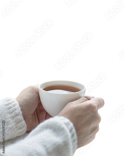 Tea drinking. The woman in a knitted, white pullover holds a cup of hot tea in her hands isolated on white background. Cozy weekends, winter drinks.