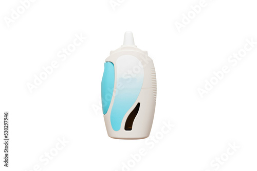 Steroid nasal spray suspension with blank label isolated on white background. Medical device used to treat allergic rhinitis, hay fever, sinusitis or nasal polyps. Health care concept.