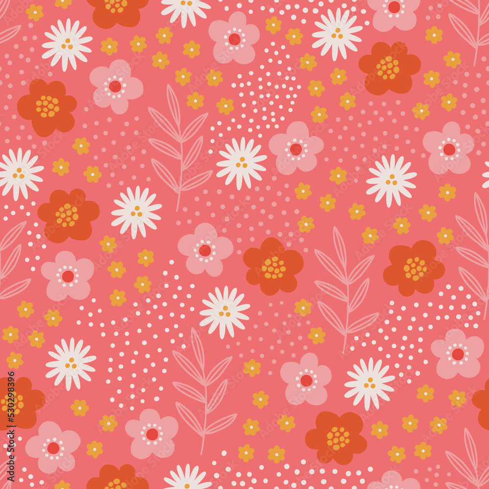 Floral seamless pattern with flowers, leaves, dots on pink background