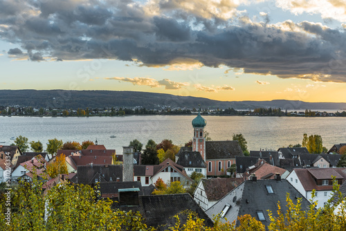 View over Allenbach am Bodensee towards Island of Reichenau in evening light, Baden-Wuerttemberg, Germany