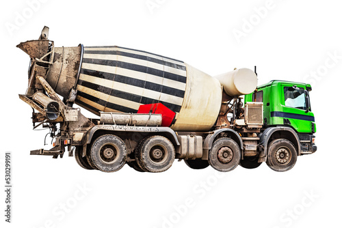 Concrete mixer truck isolated on white background. Loading concrete mixer truck. close-up. Delivery of concrete to the construction site. Monolithic concrete works. photo