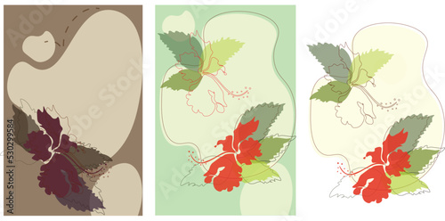 Set of vector hibiscus flower background with copy space for text. Vertical templates for social media stories, event invitations, and greeting cards. Flower designs in flat style.