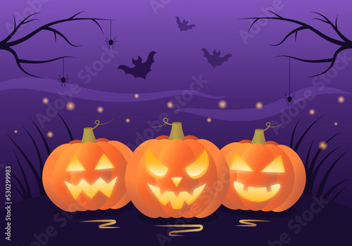 Halloween greeting card with pumpkin jack-o-lantern, bat, spider and fog. Halloween background. Vector illustration. © Ekaterina Konyakhina