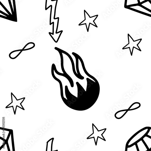 Line doodle black magic seamless pattern with fire and magic flash isolated on white background
